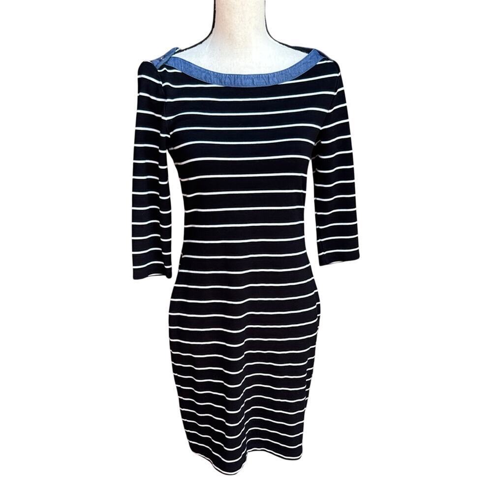Tommy Hilfiger Navy White Striped Sheath Dress Nautical Boardwalk Summer Small S